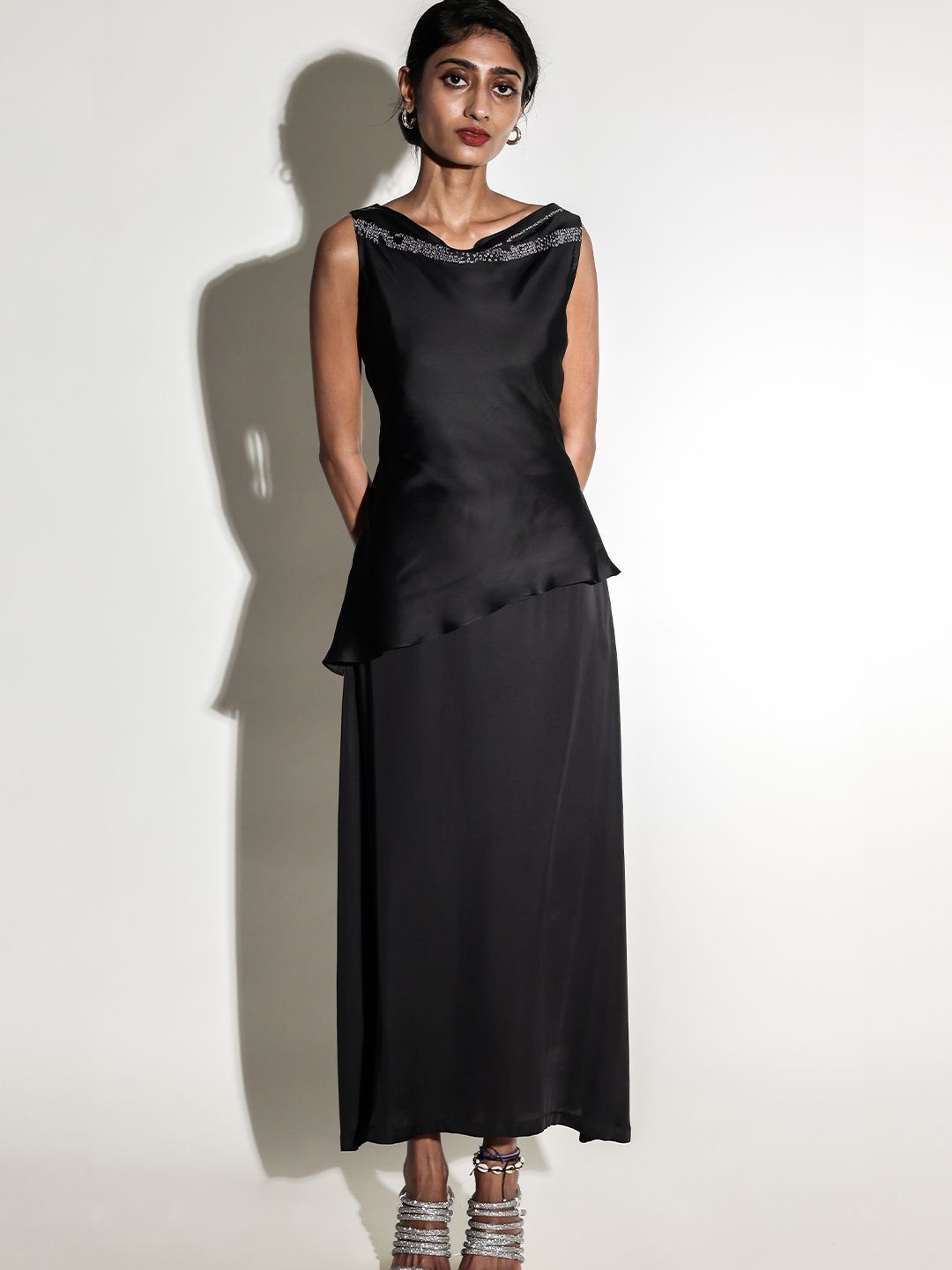 

Arya Giri Draped Cowl Neck Top With Skirt, Black