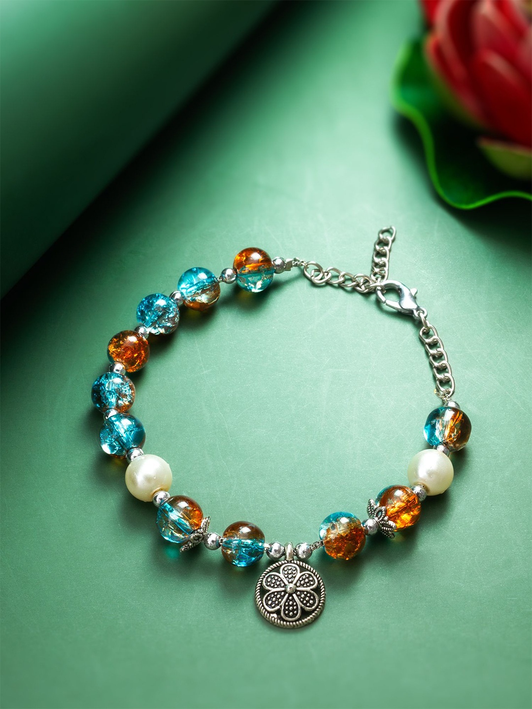 

aadita Silver Glass Pearl Evil Eye Charm Bracelet