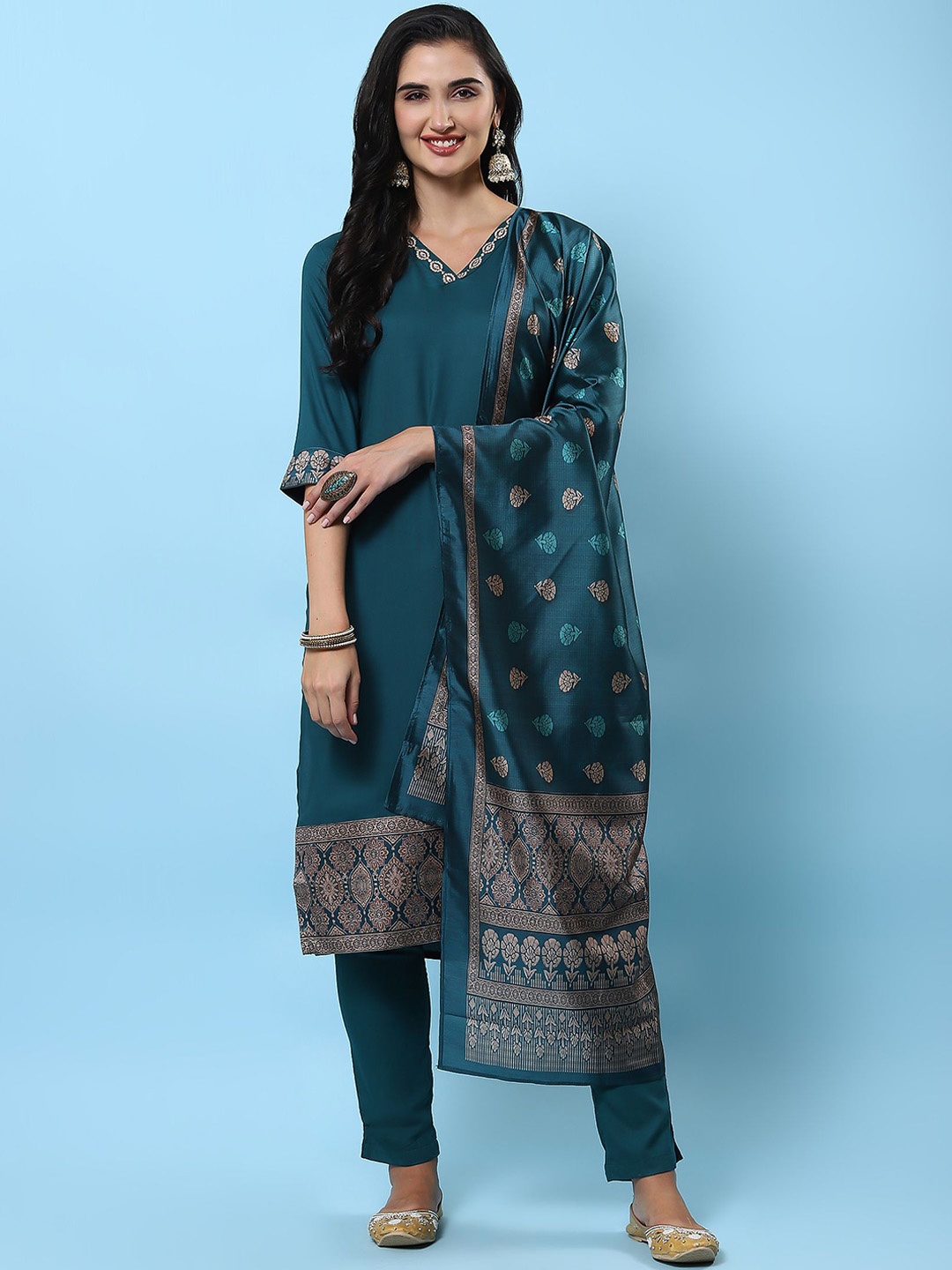 

Shree Floral Woven Design Yoke V-Neck Liva Zari Straight Kurta With Trousers & Dupatta, Green