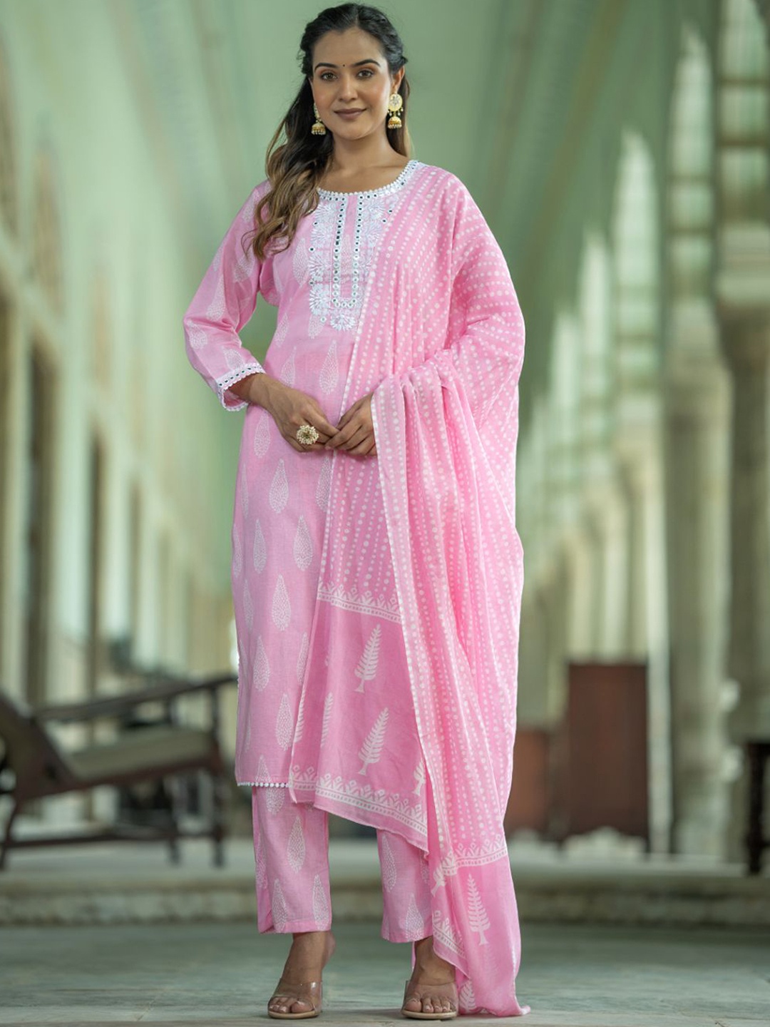 

Kiana Ethnic Motifs Printed Mirror Work Pure Cotton A-Line Kurta With Trousers & Dupatta, Pink