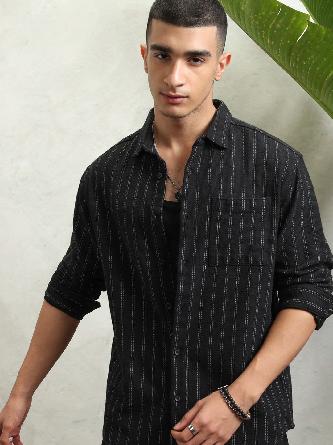 

HIGHLANDER Men Textured Striped Dobby Relax Fit Button Down Collar Shirt, Black