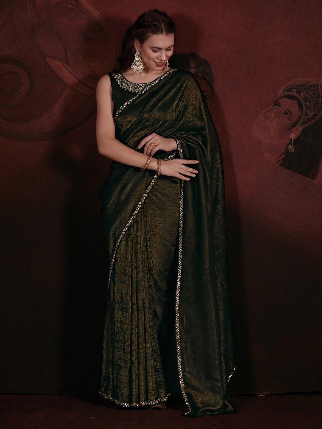 

Anouk Solid Beads and Stones Embellished Party Wear Saree, Olive