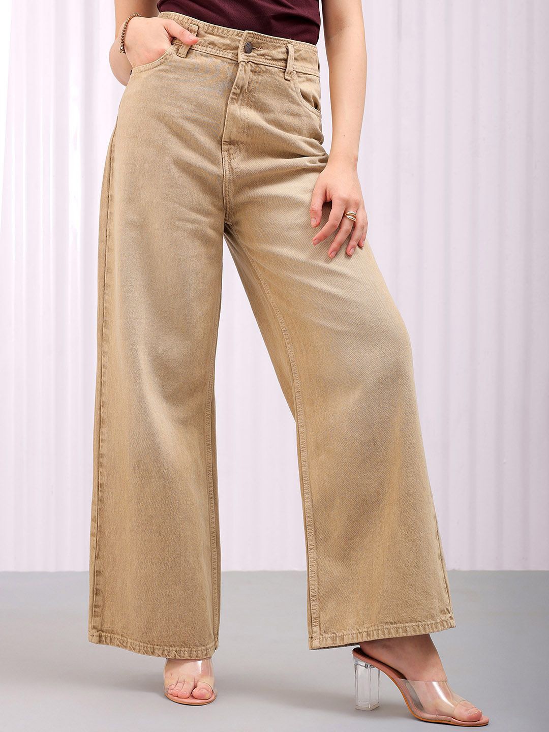 

Freehand by The Indian Garage Co Women Cotton Wide Leg High-Rise Jeans, Khaki