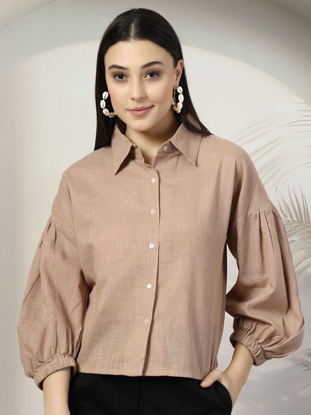 

plusS Women Solid Shirt Collar Cotton Top, Brown