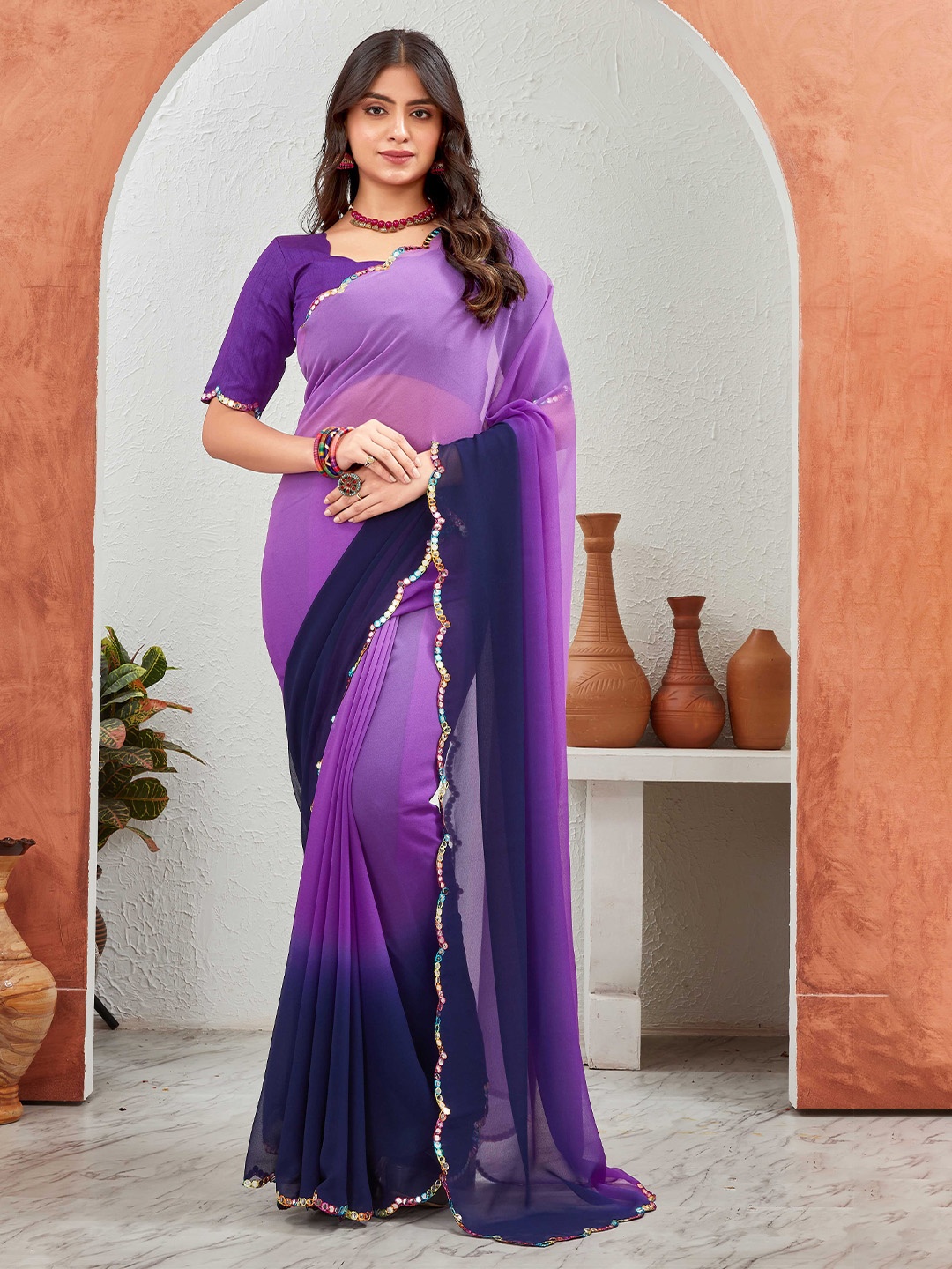 

Globon Impex Ombre Mirror Work Pure Georgette Saree, Purple