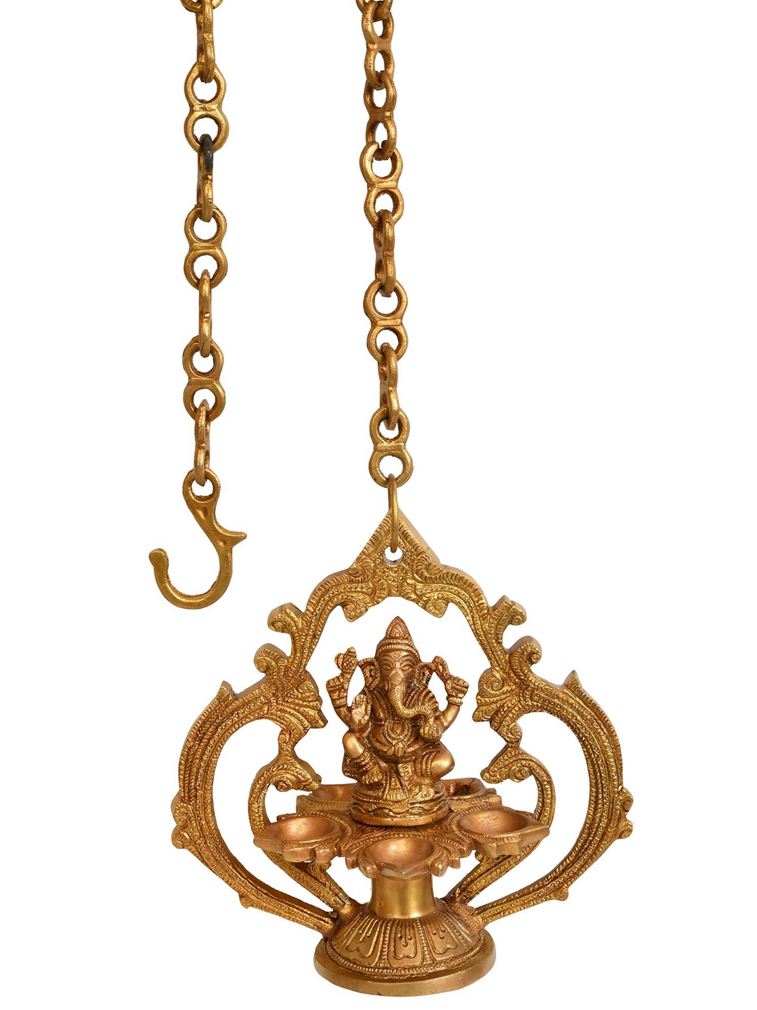 

Exotic India 7" Brass Lord Ganesha Hanging Five-wick Lamp, Gold