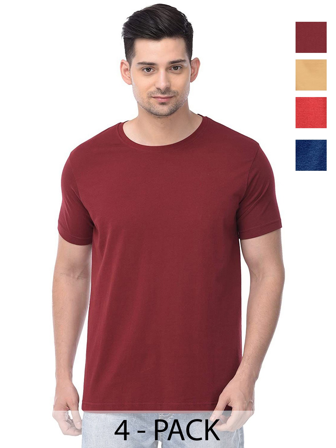 

COLOR CAPITAL Unisex Pack Of 4 Solid Round Neck Cotton T-shirts, Maroon