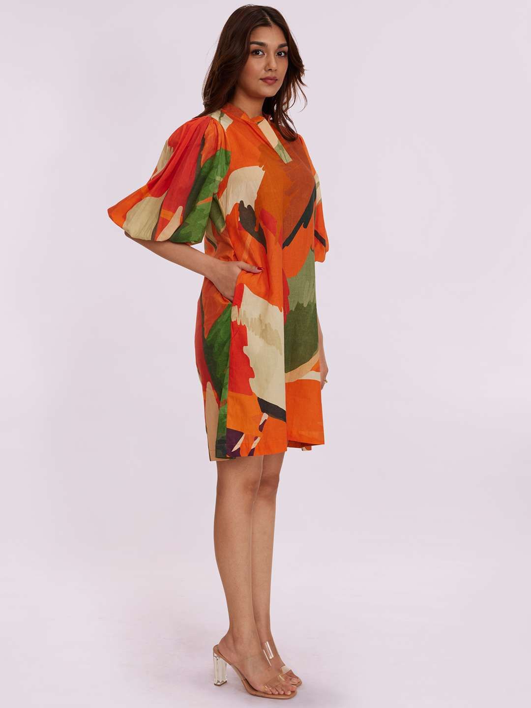 

POPPI Women Printed Cape Sleeve A-Line Dress, Orange