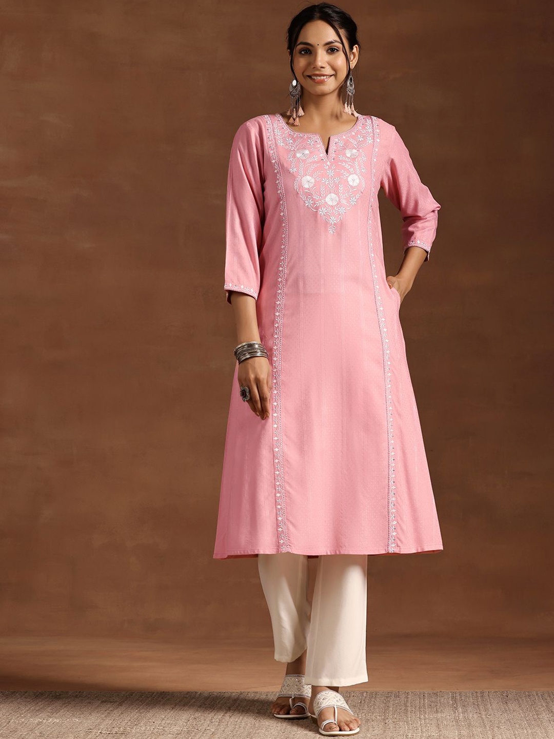 

Libas Floral Yoke Design Thread Work Jacquard A-Line Kurta, Peach