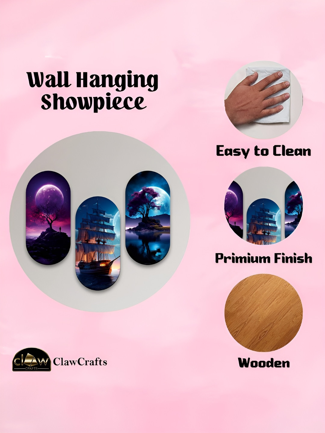 

CLAWCRAFTS Blue and Purple 3 Pieces Nature Inspired Wooden Wall Hangings