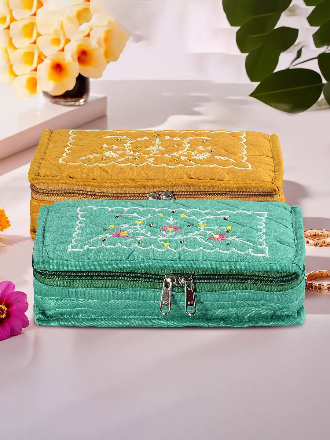 

Kuber Industries Yellow & Green 2 Pieces Embroidery Jewellery Organiser