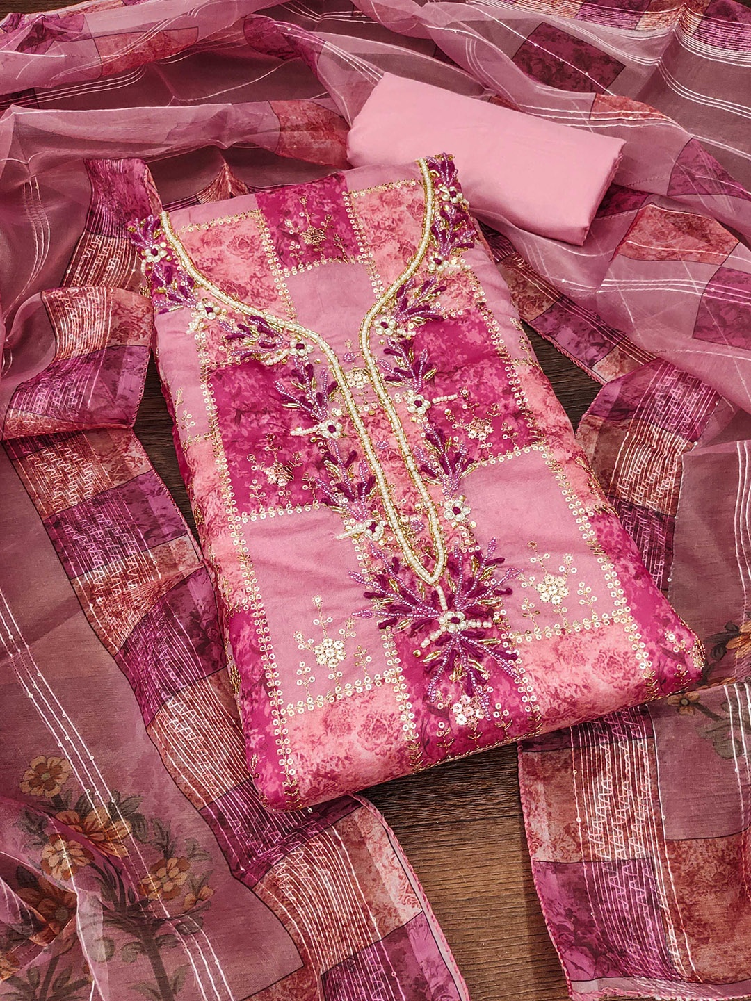 

MANVAA Floral Embellished Organza Unstitched Dress Material, Pink