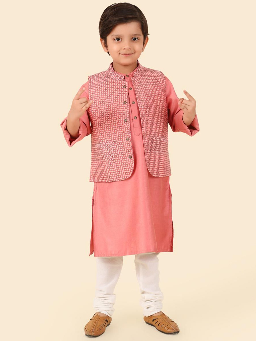 

Fabindia Boys Straight Kurta with Churidar, Pink