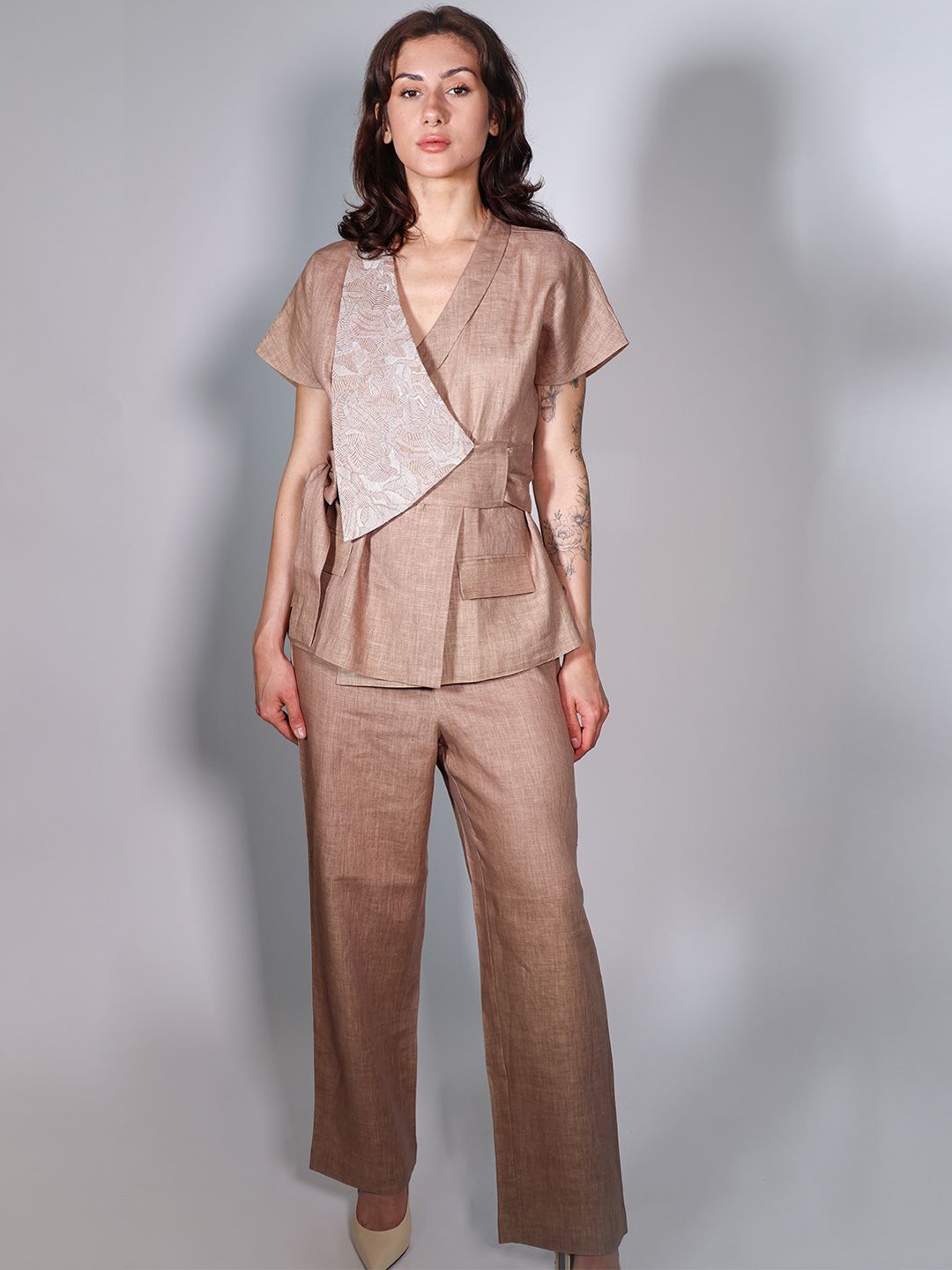 

Arya Giri V-Neck Wrap Around Linen Top & Trousers, Beige