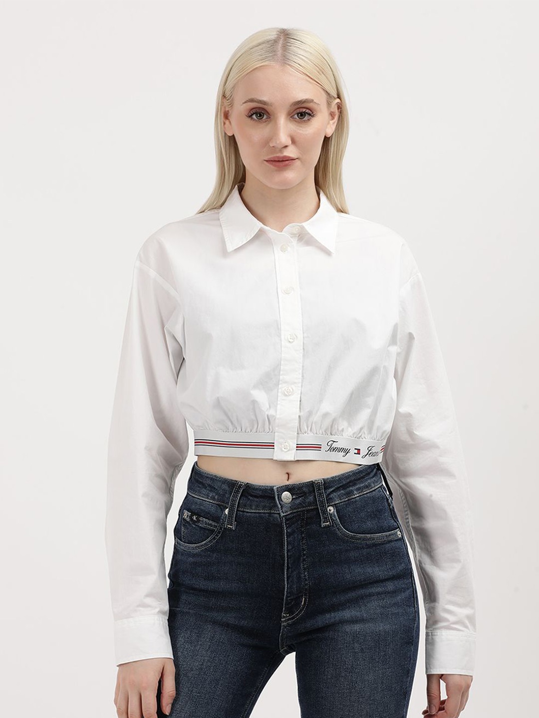 

Tommy Hilfiger Women Spread Collar Solid Organic Cotton Casual Shirt, White