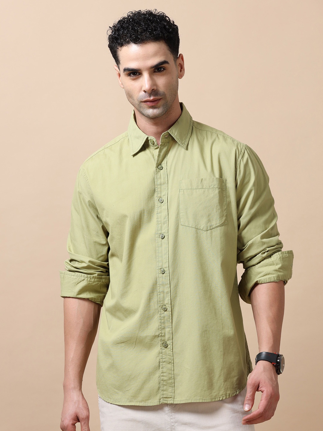 

SILISOUL Men Classic Spread Collar Solid Cotton Casual Shirt, Green