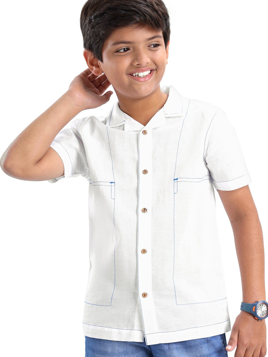 

ARIAS By LARA DUTTA Boys Spread Collar Solid Linen Casual Shirt, White