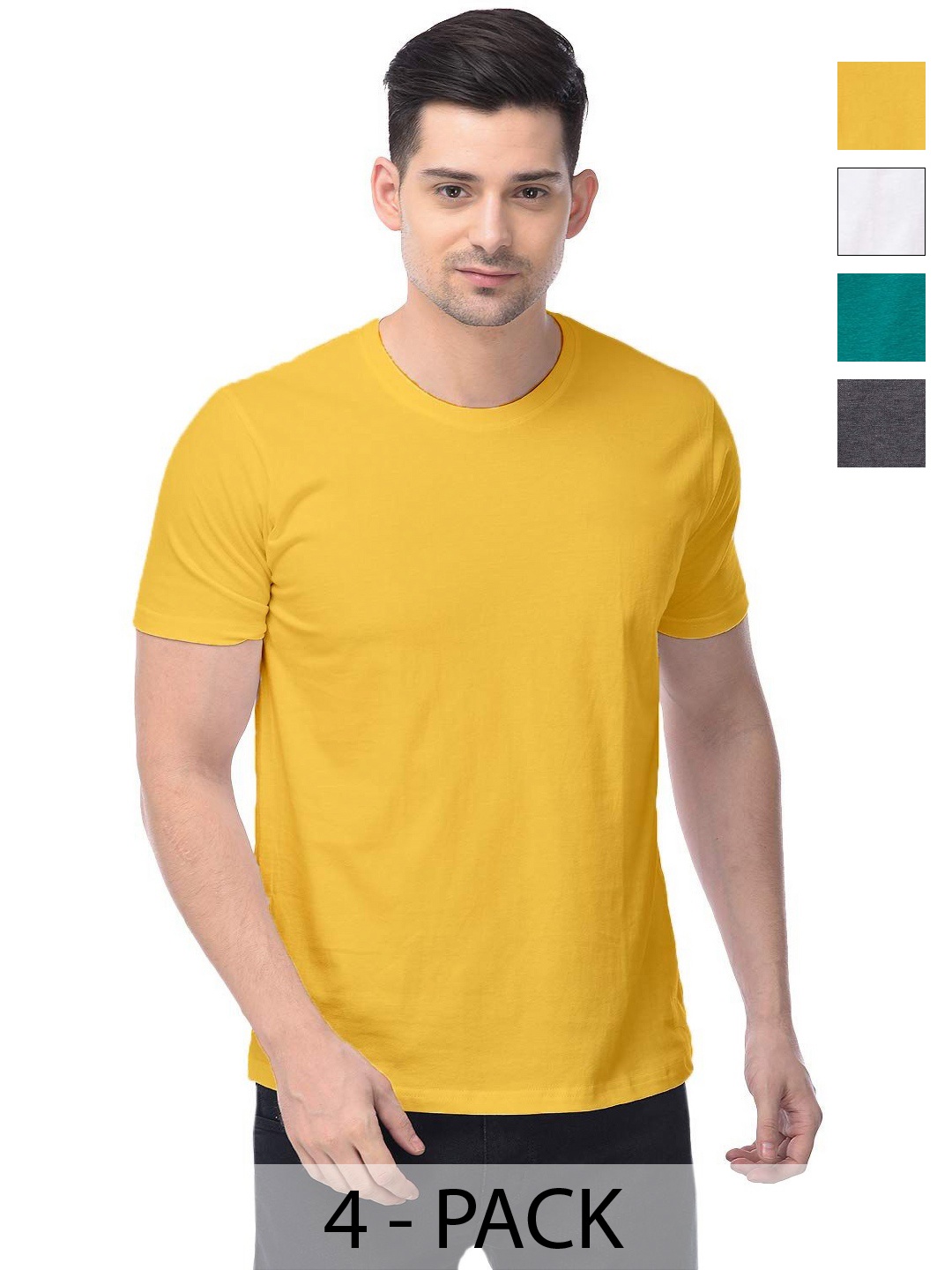 

COLOR CAPITAL Unisex Pack Of 4 Solid Round Neck Cotton T-shirts, Yellow