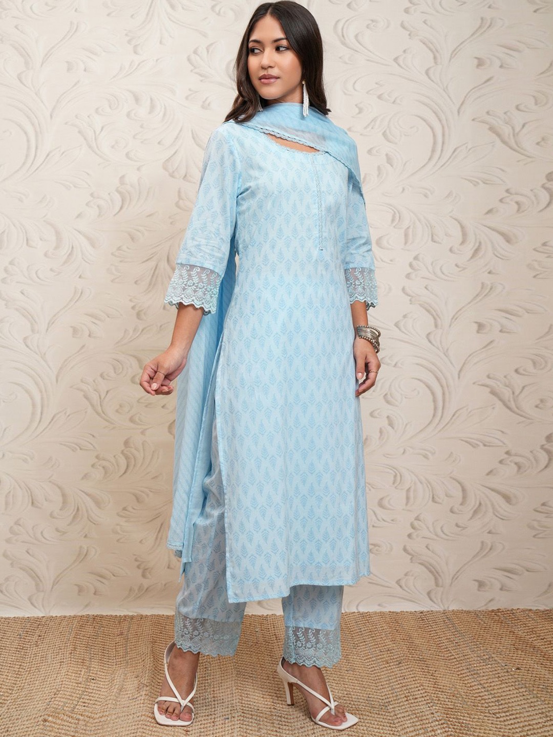 

Vishudh Ethnic Motifs Printed Pure Cotton Straight Kurta & Trousers With Dupatta, Blue
