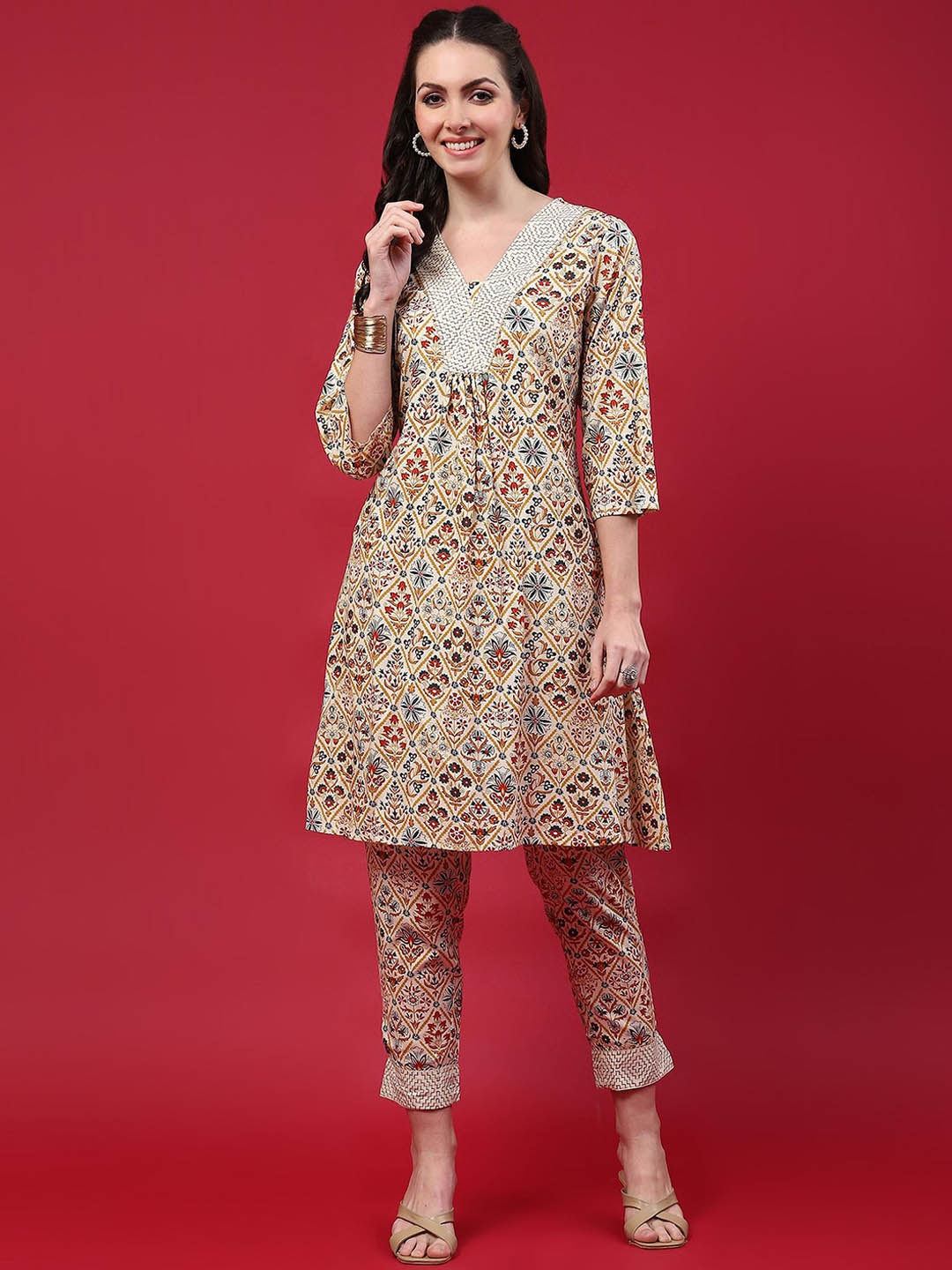 

Shree Printed V-Neck Ethnic Tunic With Trouser, Beige