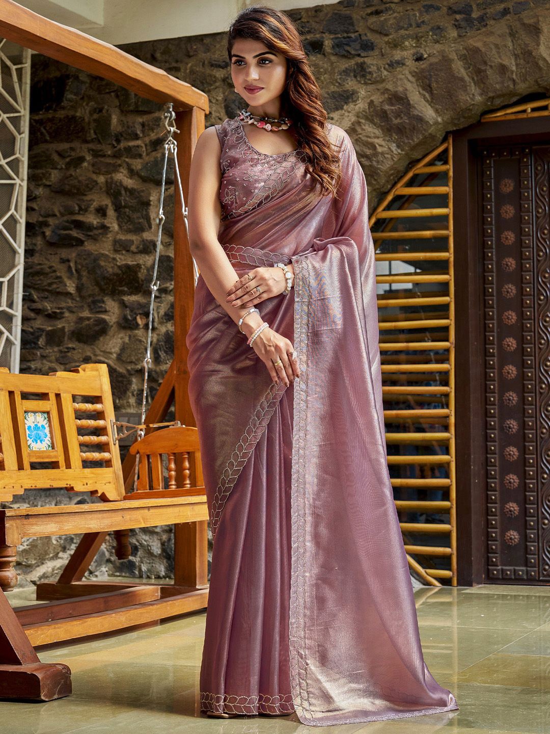 

Anouk Beads and Stones Embellished Organza Designer Saree, Mauve