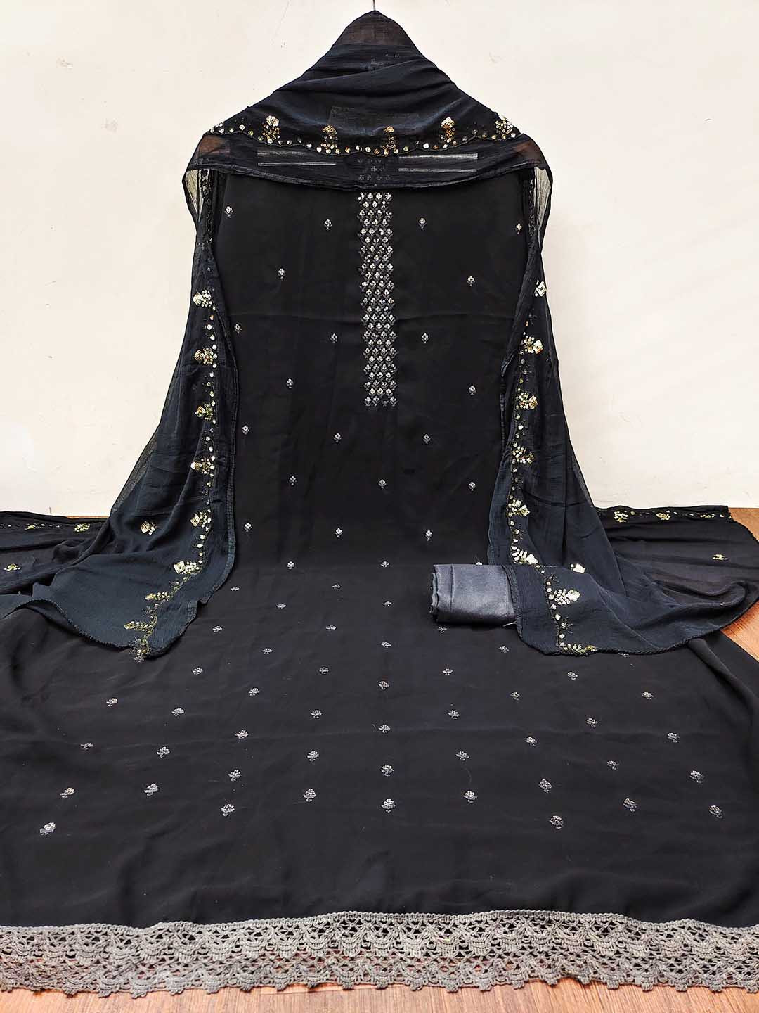 

MANVAA Floral Embellished Sequinned Unstitched Dress Material, Black