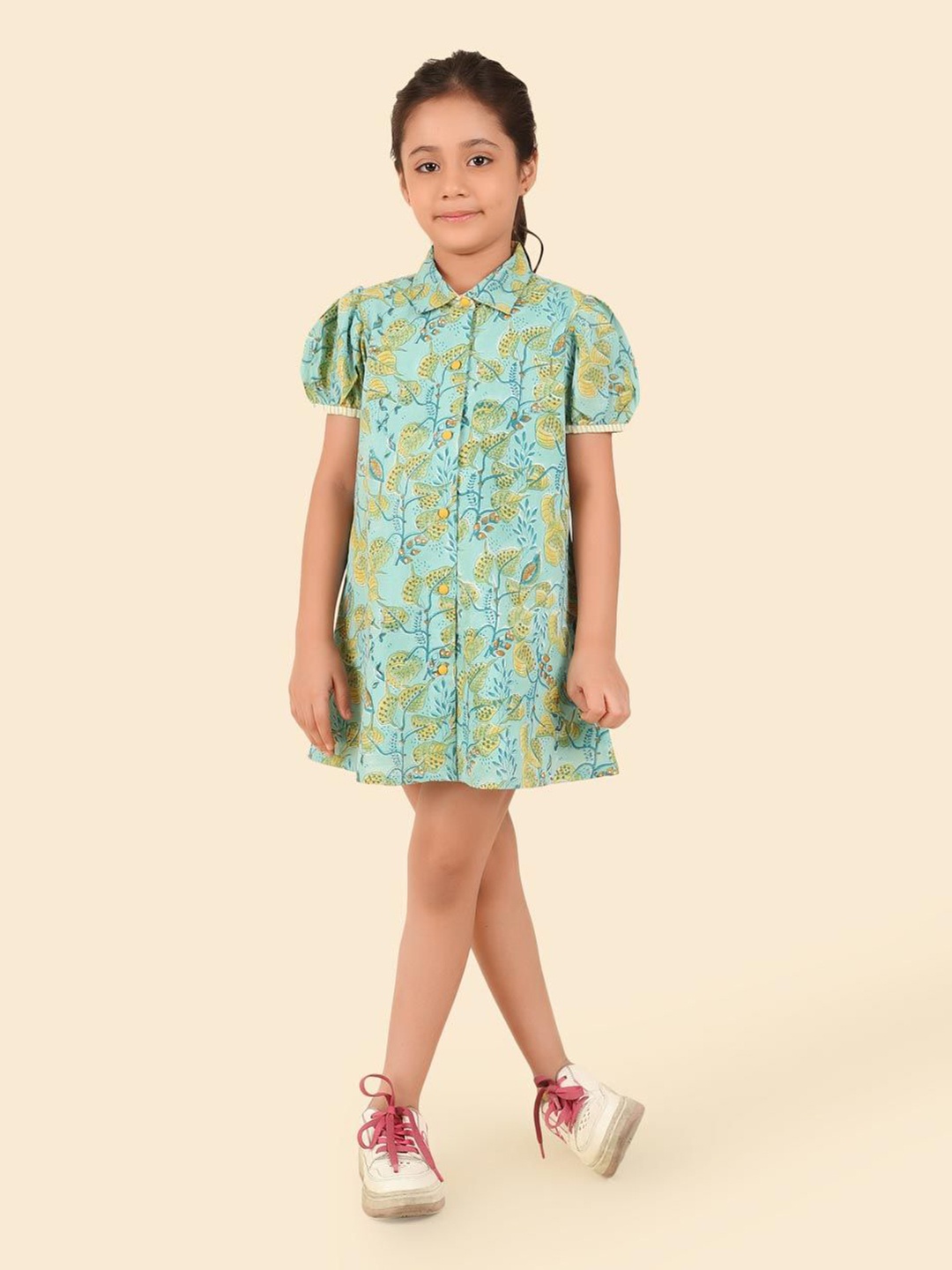 

Fabindia Tropical Print Shirt Collar A-Line Mini Dress, Teal