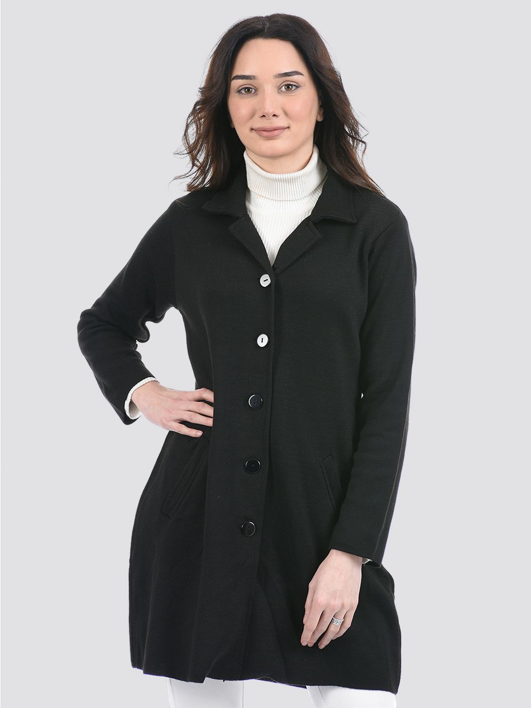 

American Eye Solid Single Breasted Acrylic Notched Lapel Longline Overcoat, Black