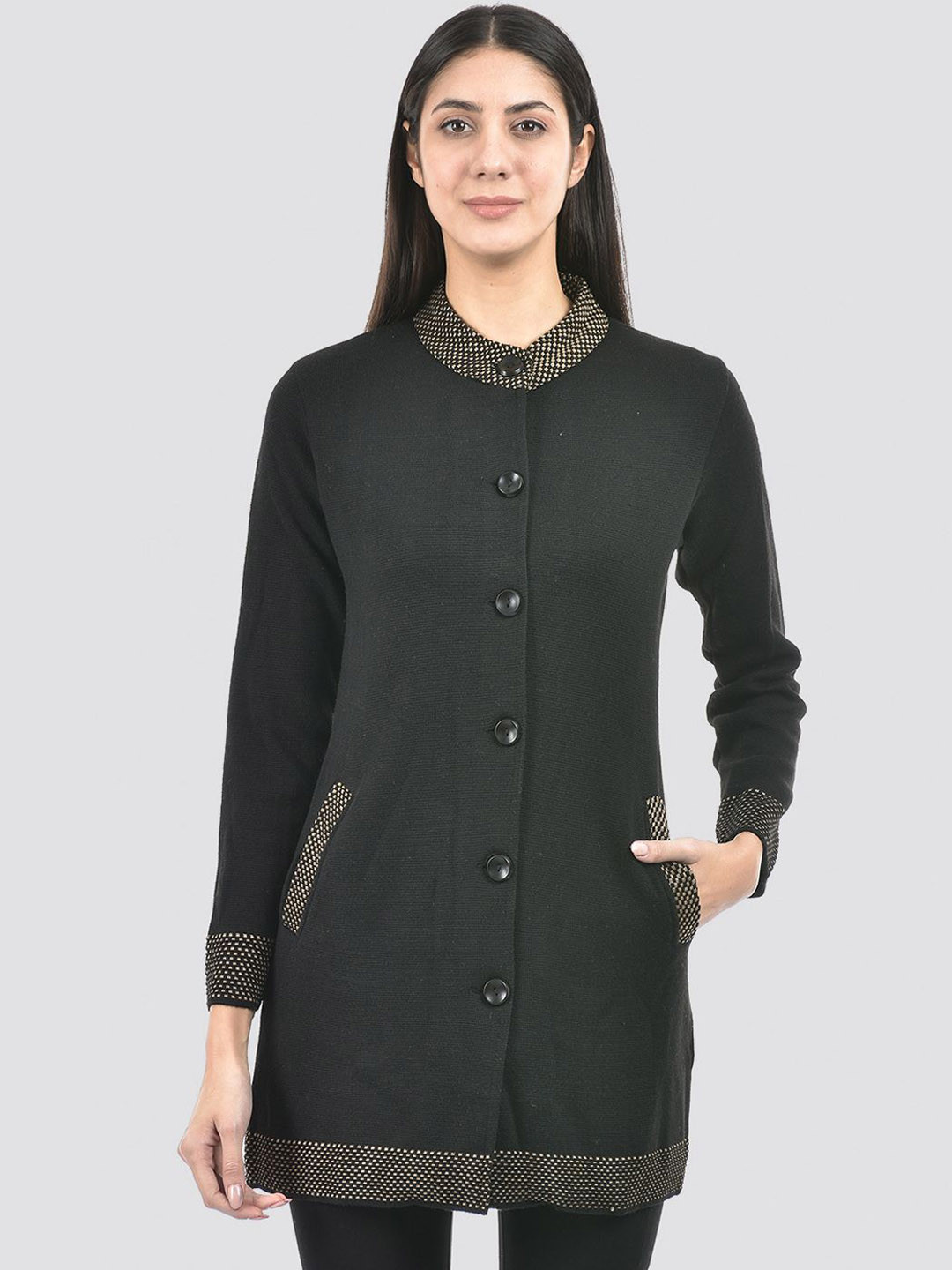 

American Eye Self Design Mock Collar Single Breasted Longline Coat, Black