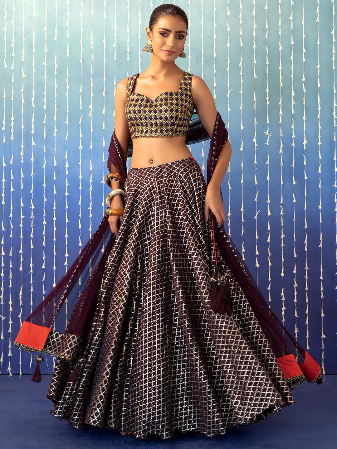 

Indya Luxe Embellished Jacquard Ready to Wear Lehenga & Blouse With Dupatta, Purple