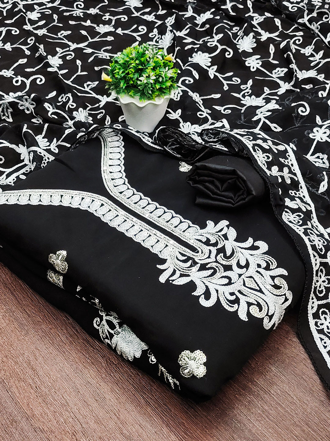 

MANVAA Floral Embroidered Unstitched Dress Material, Black