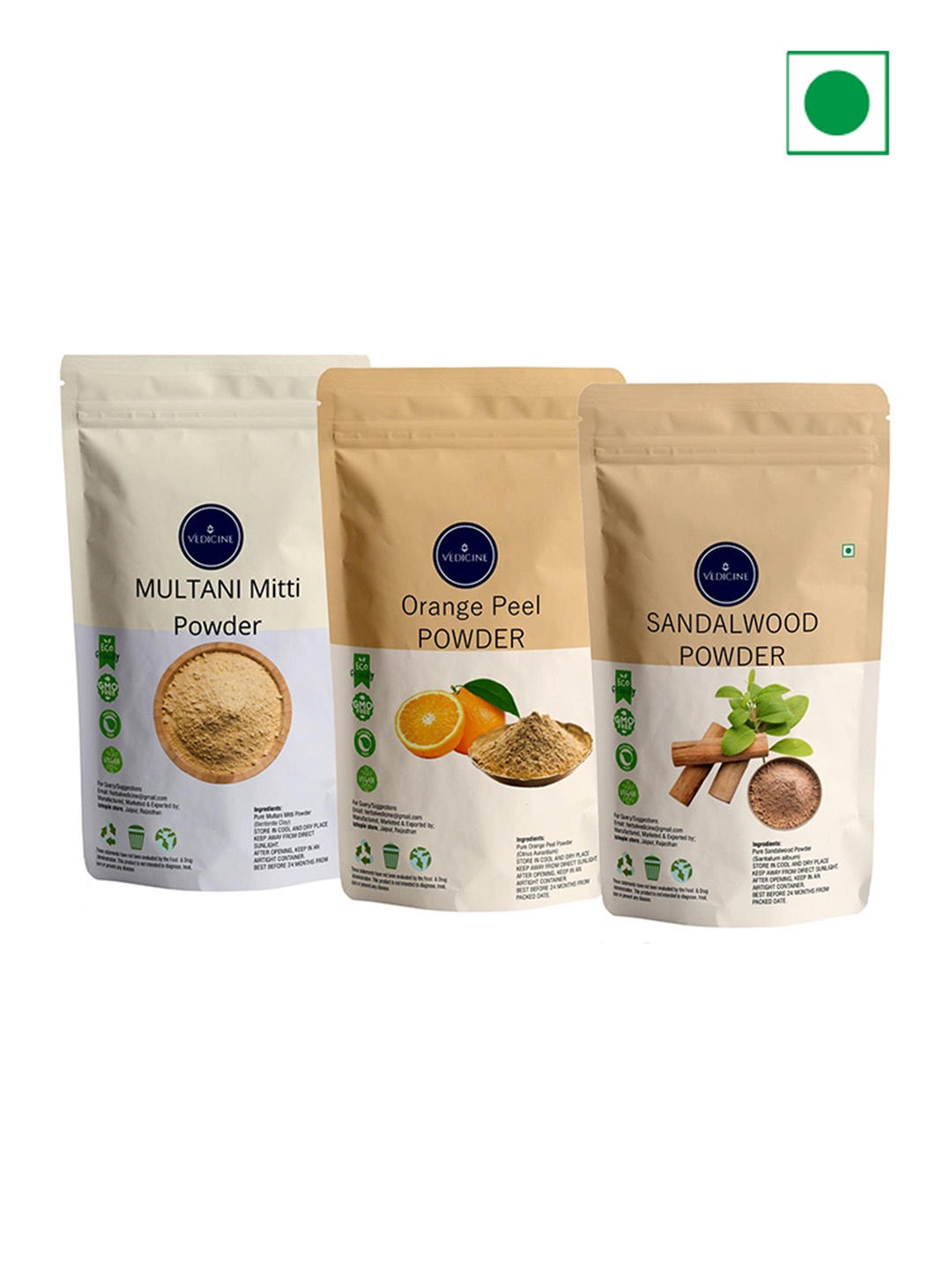 

VEDICINE Set Of 3 Multani Mitti Orange Peel & Sandalwood Powder Face Pack- 250g Each, White