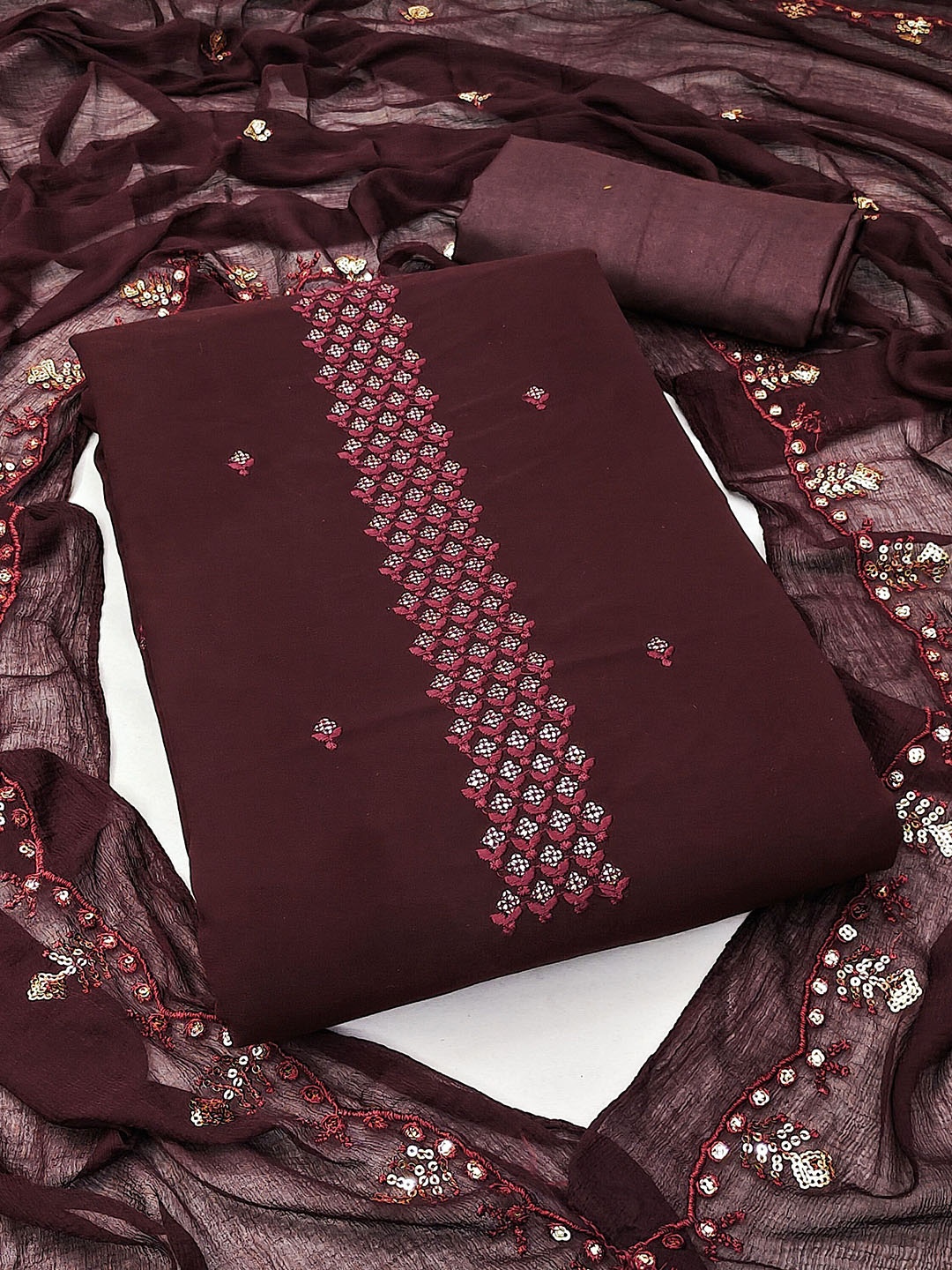 

MANVAA Embellished Sequinned Unstitched Dress Material, Maroon