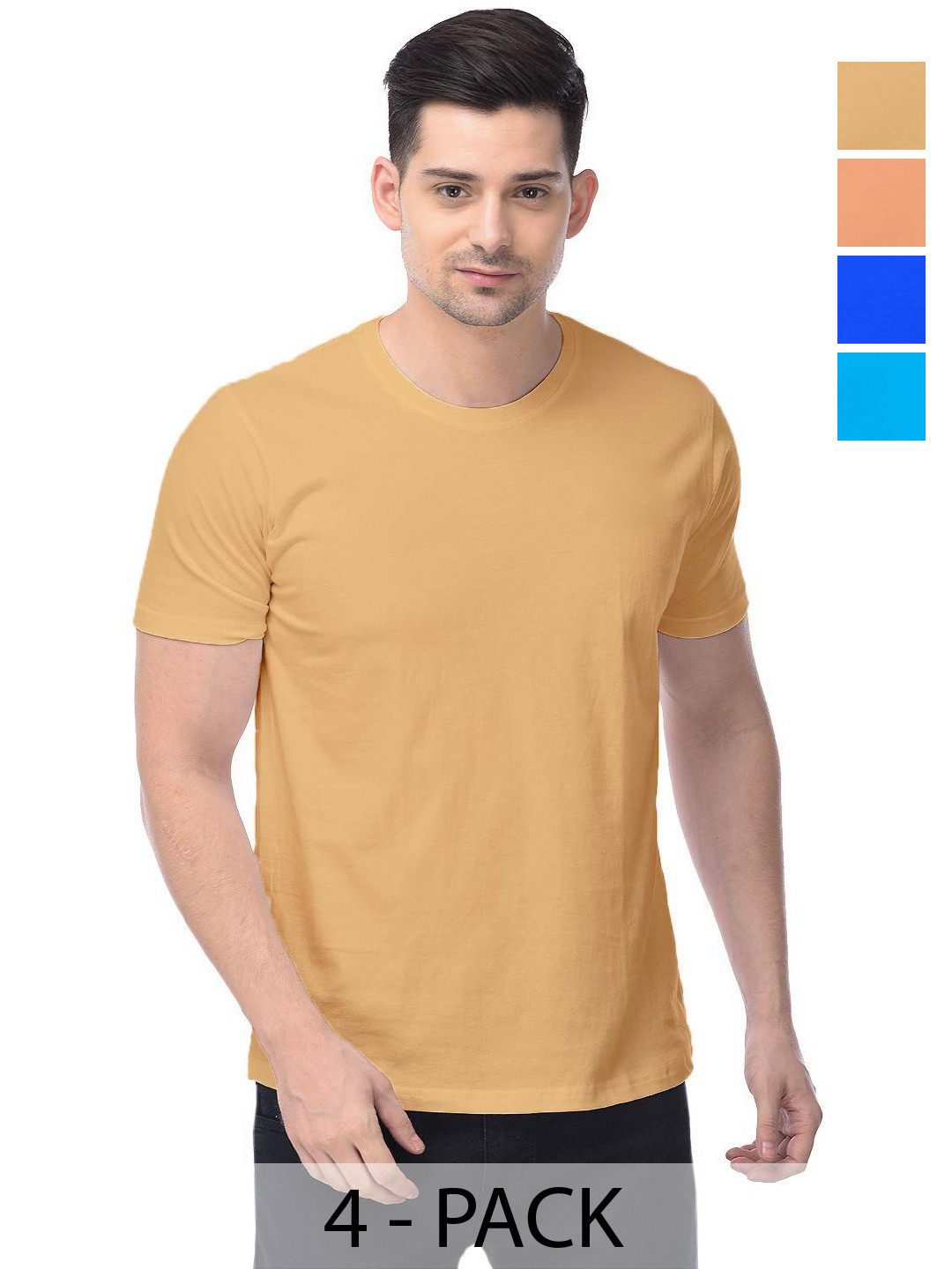 

COLOR CAPITAL Unisex Pack Of 4 Solid Round Neck Cotton T-shirts, Mustard
