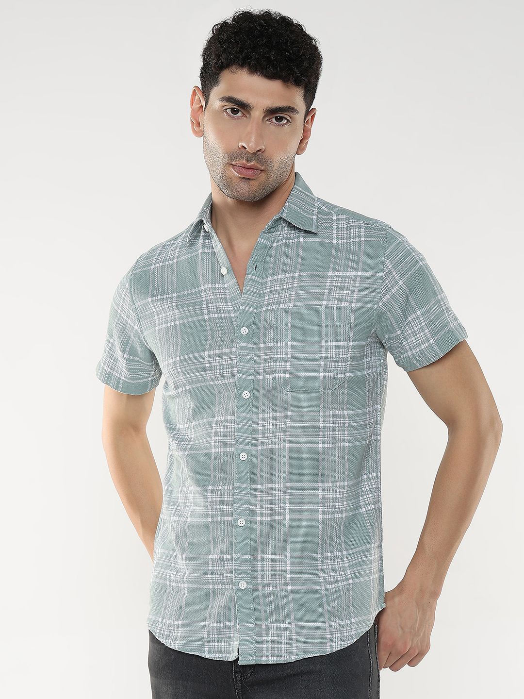 

R&B Men Spread Collar Tartan Checked Cotton Casual Shirt, Green