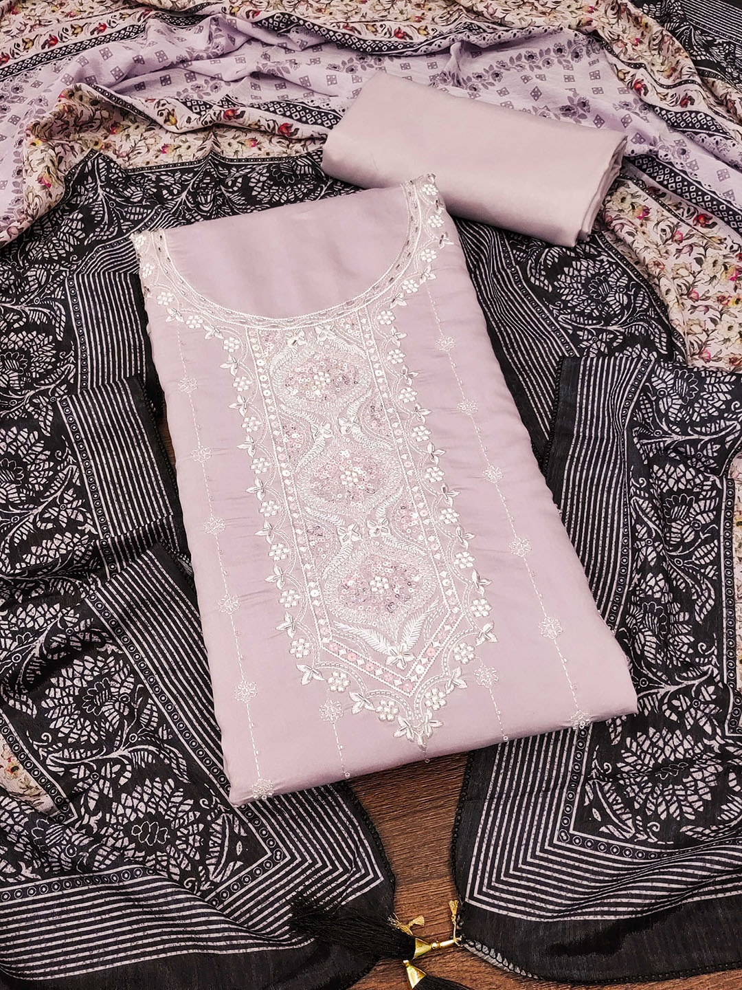 

MANVAA Floral Embroidered Unstitched Dress Material, Lavender