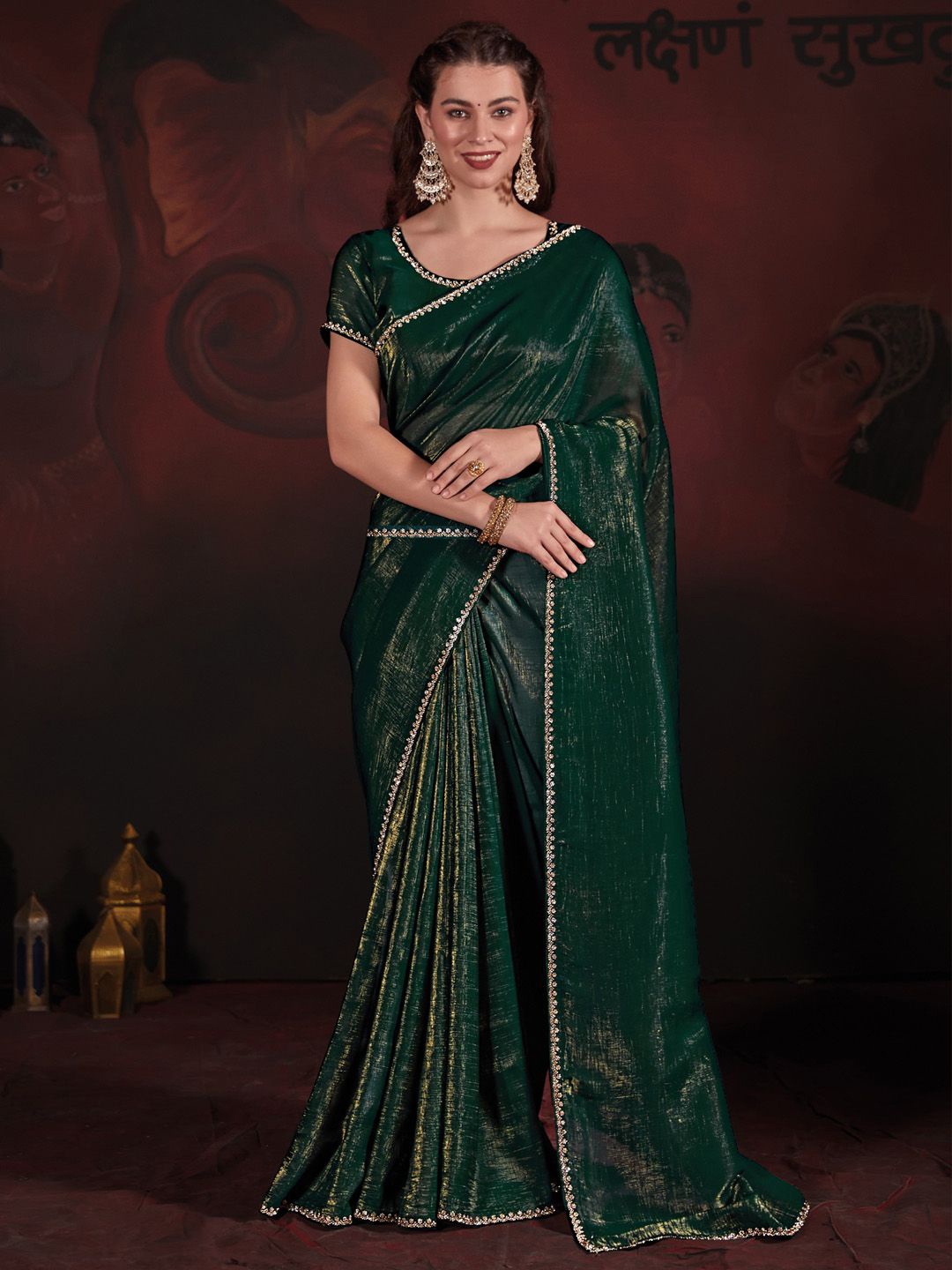 

Anouk Solid Embellished Beads and Stones Party Wear Saree, Green