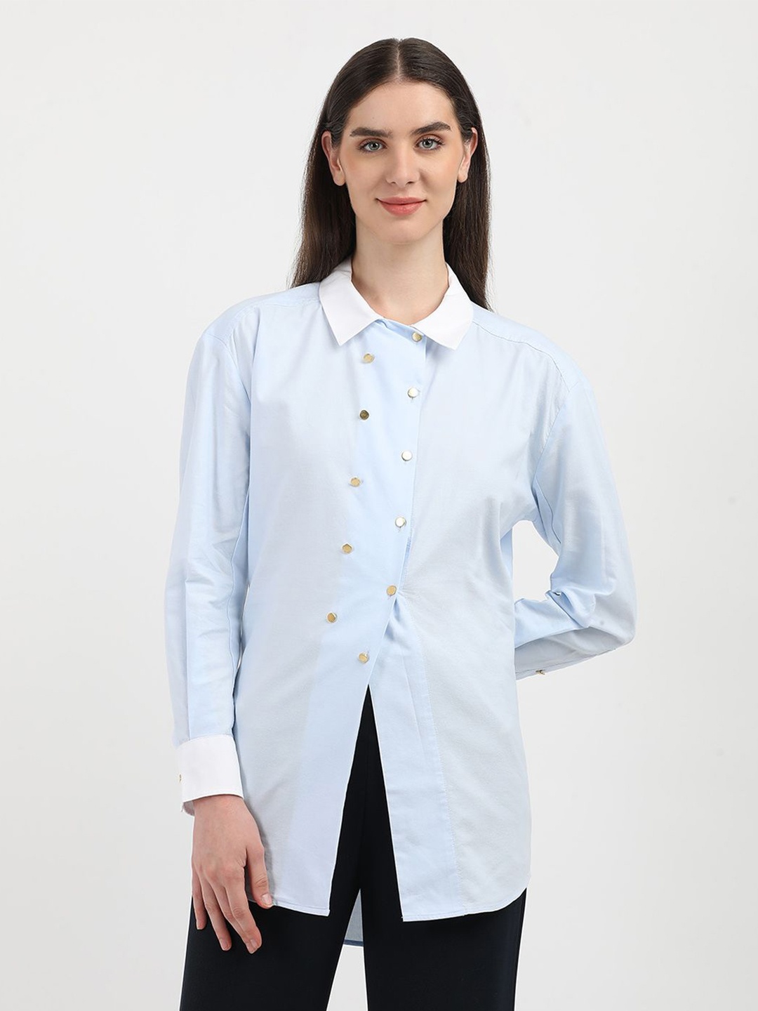 

Tommy Hilfiger Women Spread Collar Solid Cotton Casual Shirt, Blue