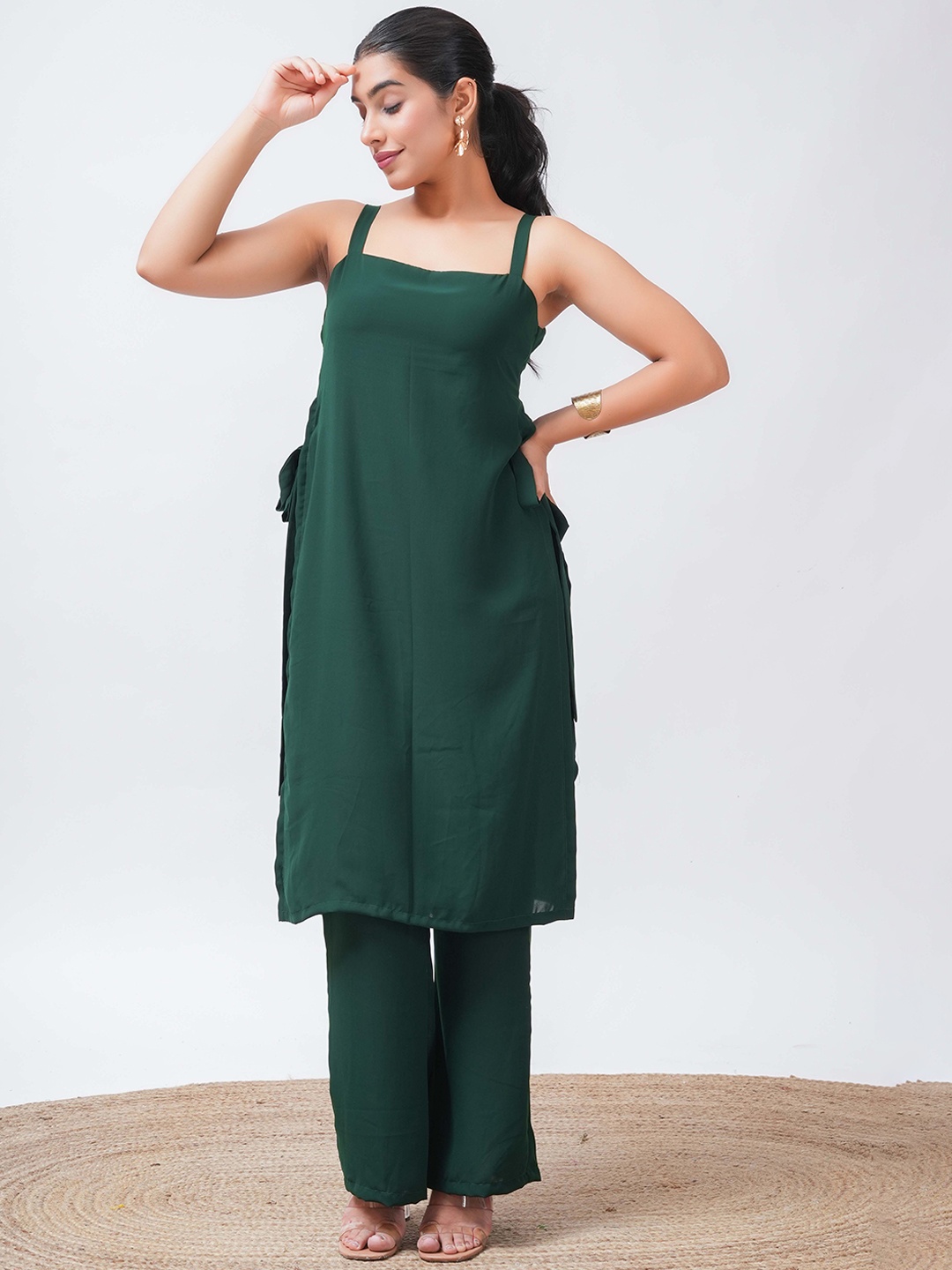 

Salvia Sky Shoulder Straps Georgette Straight Kurta With Trouser, Green