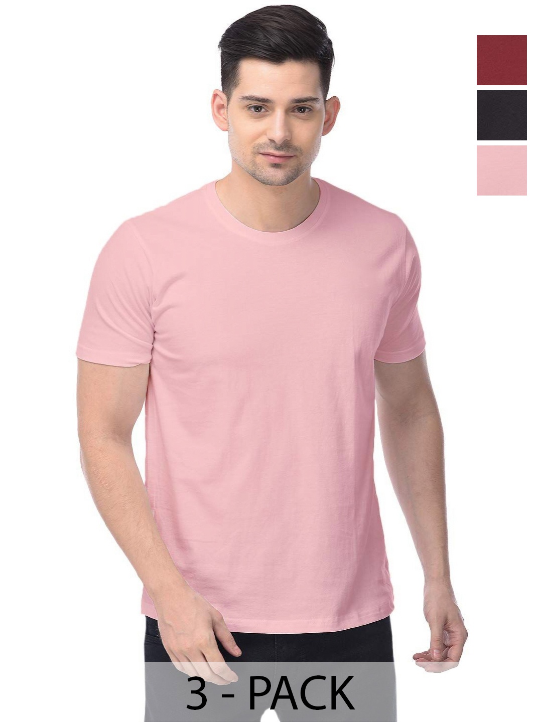 

COLOR CAPITAL Unisex Pack Of 3 Solid Round Neck Cotton T-shirts, Pink