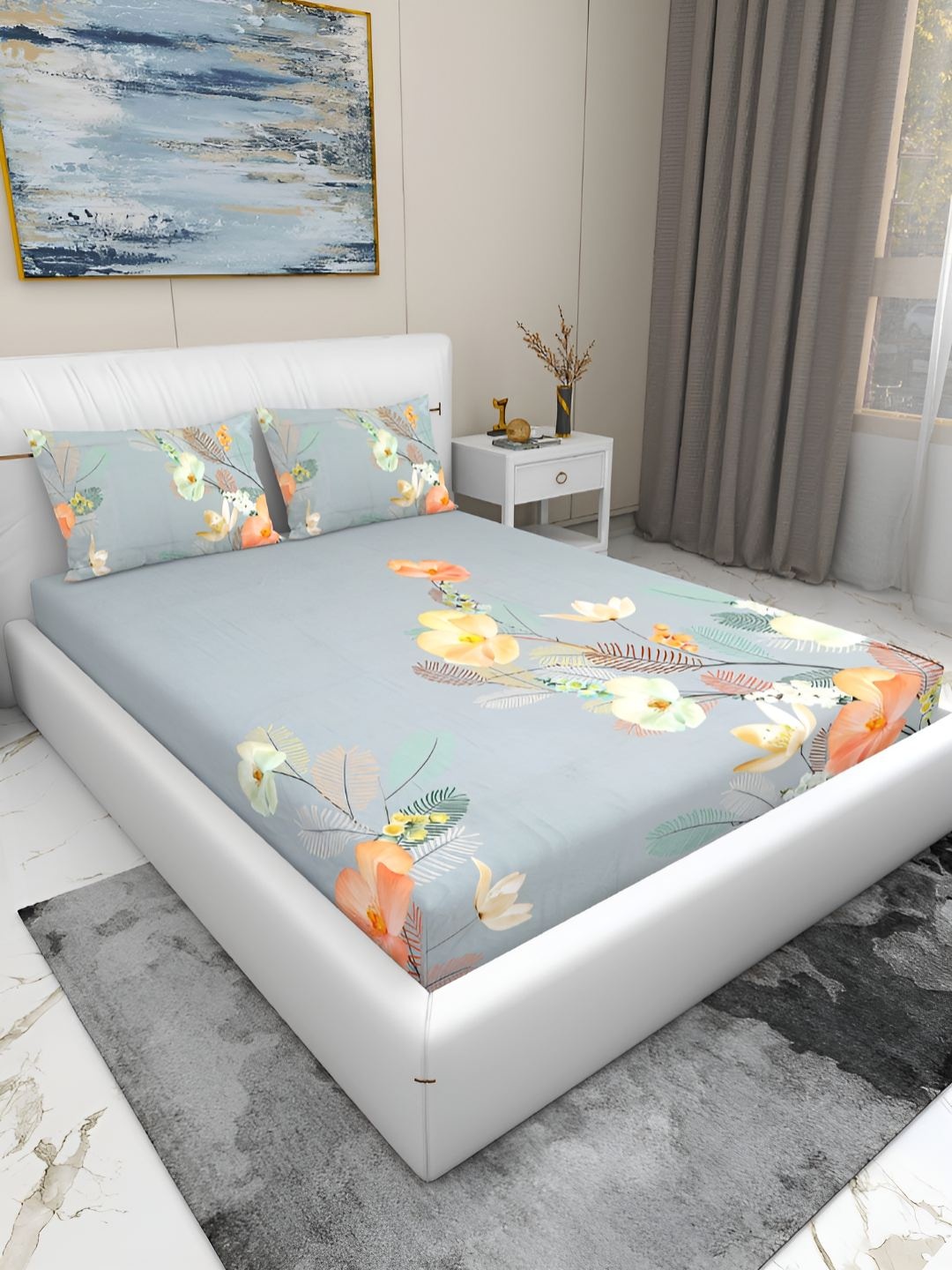 

GAPU & BALY Premium White & Blue Floral 180 TC King Fitted Bedsheet with 2 Pillow Covers