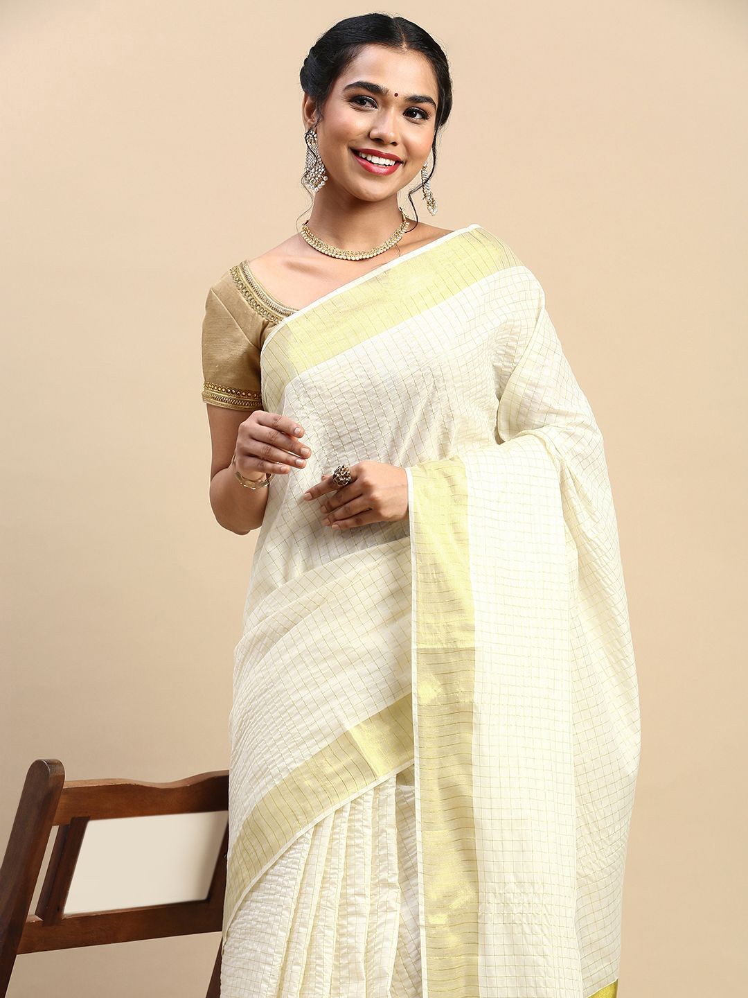 

Ramraj Checked Zari Pure Cotton Saree, Cream