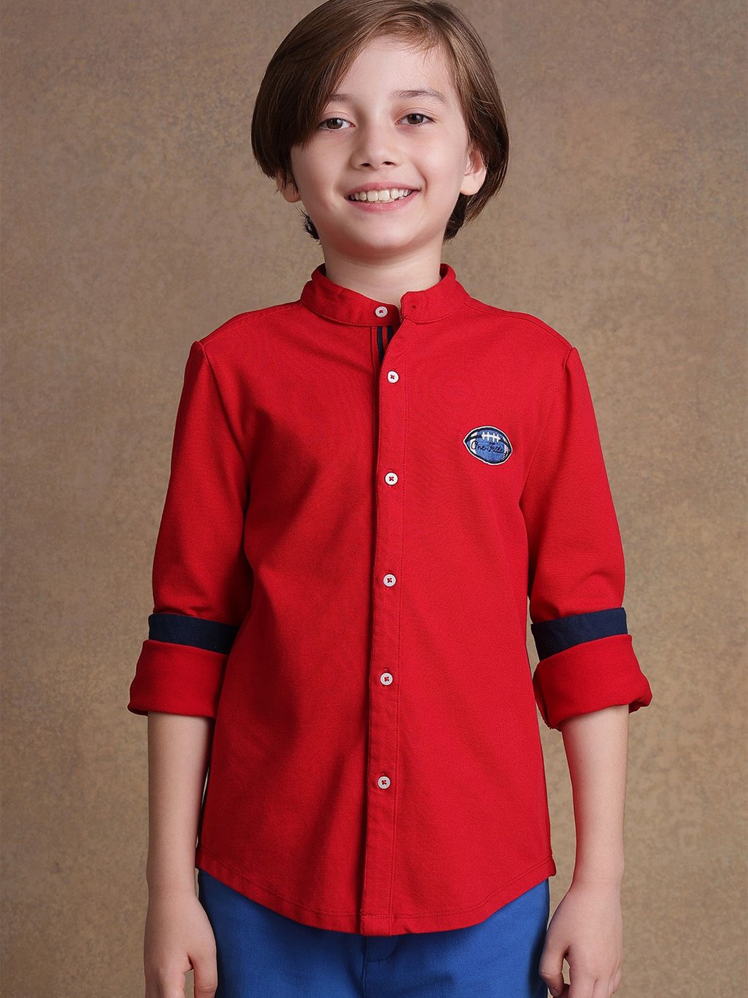 

One Friday Boys Comfort Band Collar Solid Cotton Formal Shirt, Red