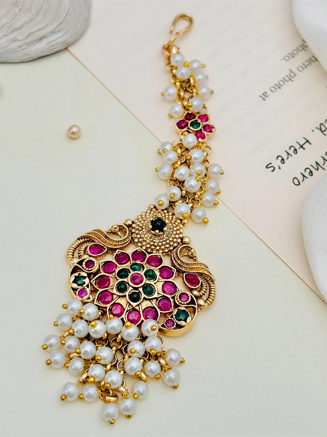 

ABDESIGNS Gold-Plated Stones and Beaded Studded Maang Tikka