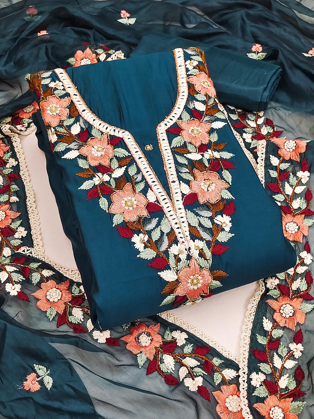 

MANVAA Floral Embroidered Unstitched Dress Material, Teal