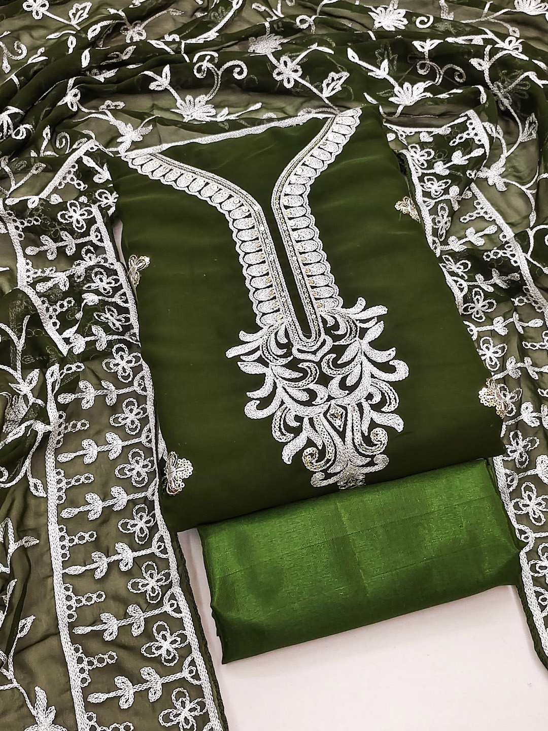 

MANVAA Floral Embroidered Sequinned Unstitched Dress Material, Olive