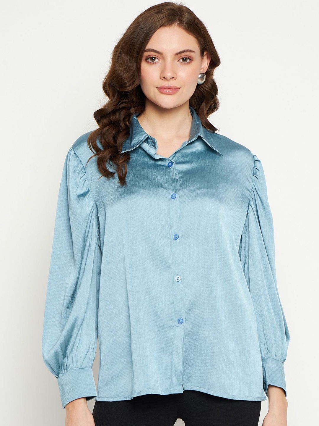 

Murcia Women Spread Collar Solid Casual Shirt, Blue