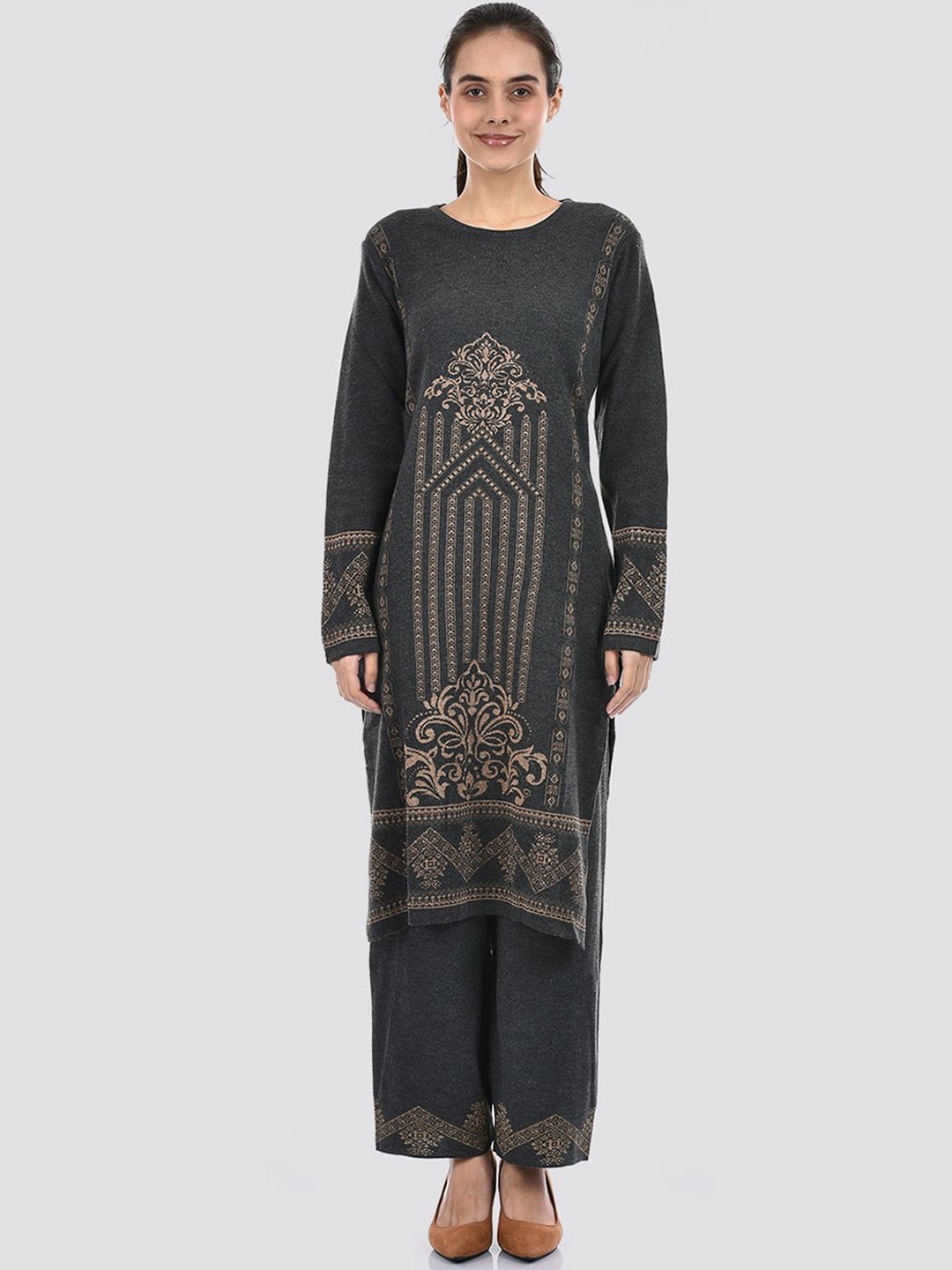 

American Eye Ethnic Motifs Woven Design Round Neck Acrylic Straight Kurta with Palazzos, Grey