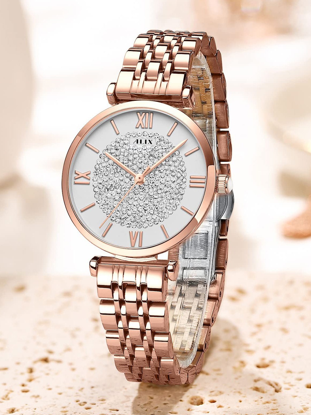 

ALIX Women Brass Dial & Stainless Steel Bracelet Style Straps Analogue Watch AL2533 RGW, Silver