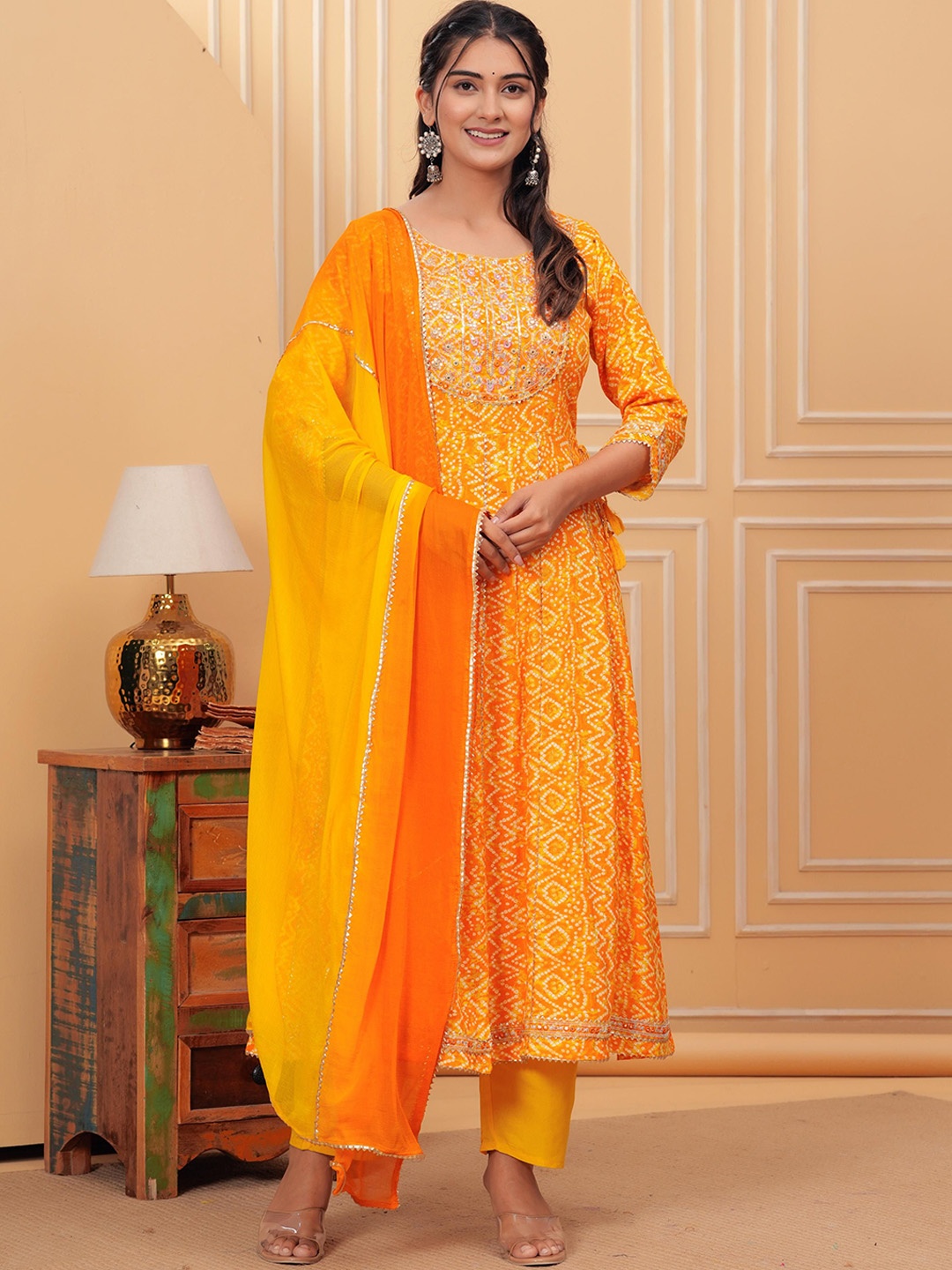 

TOULIN Bandhani Embroidered Pure Cotton Mirror Work Anarkali Kurta With Trousers & Dupatta, Mustard